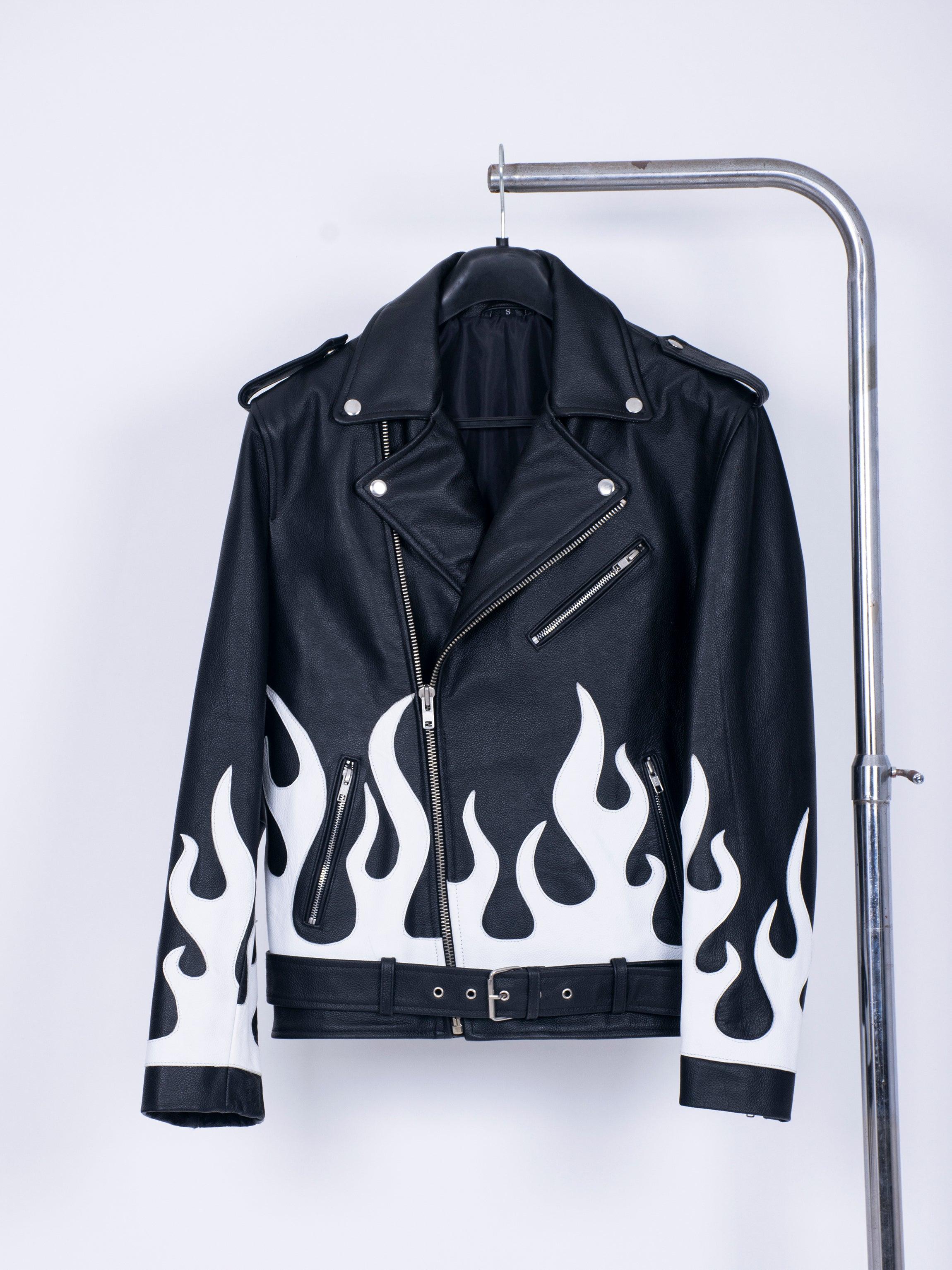 Ren og skær hane Odysseus Meteor Black White Flames Leather Biker Jacket – CASA OF K Official Online  Store