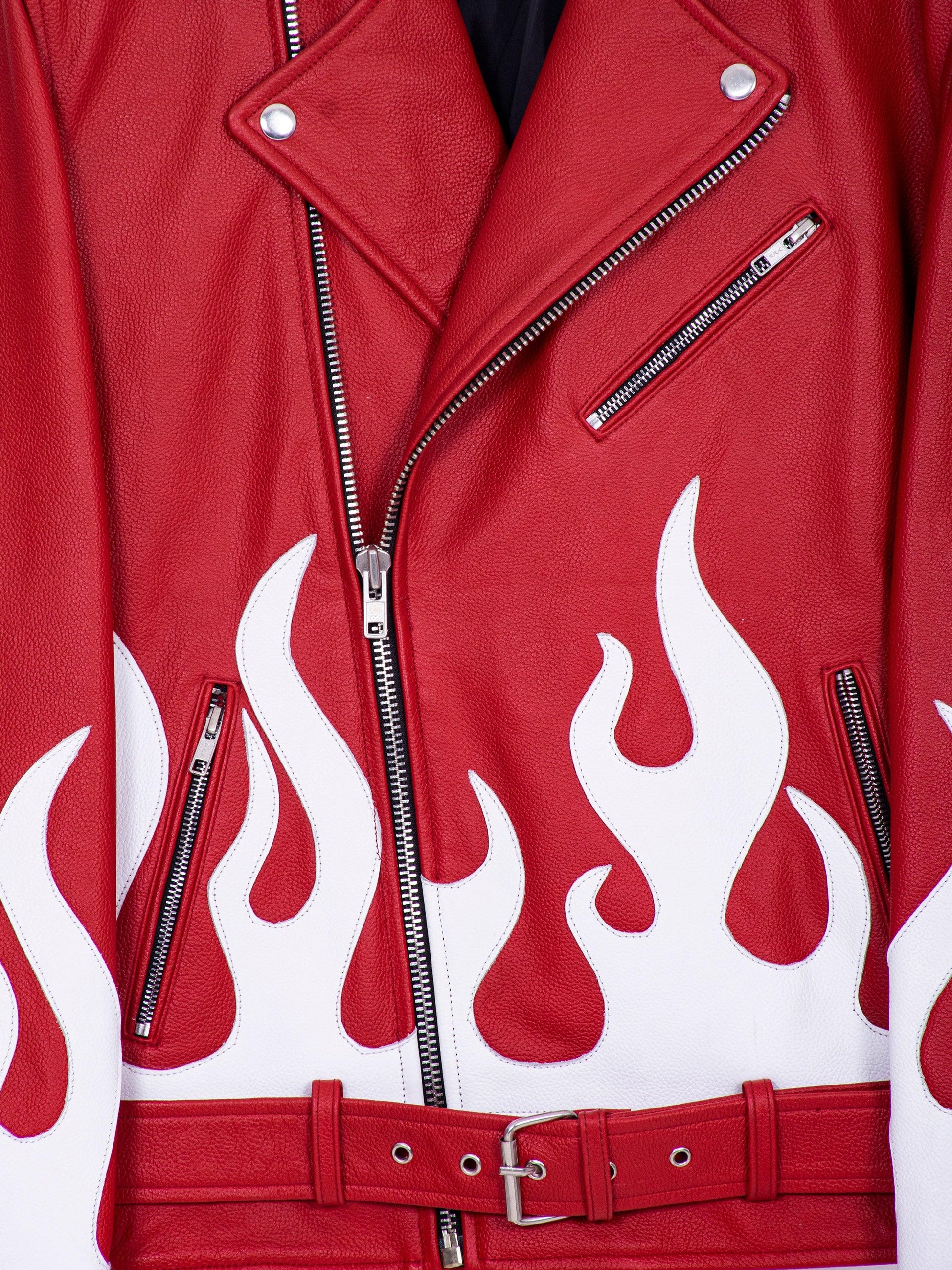 Meteor Red and White Flames Leather Biker Jacket - CASA OF K Official Online Store