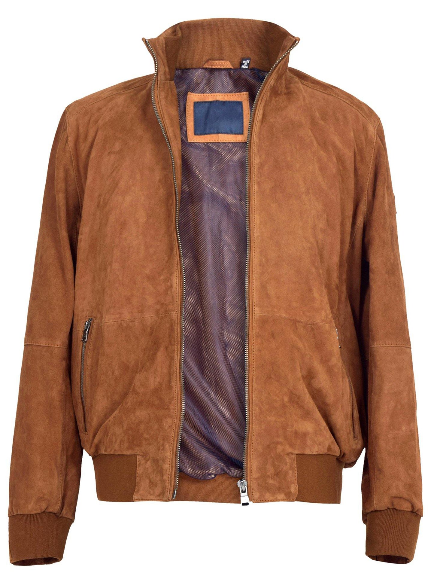 Tobacco Suede Leather Bomber Jacket