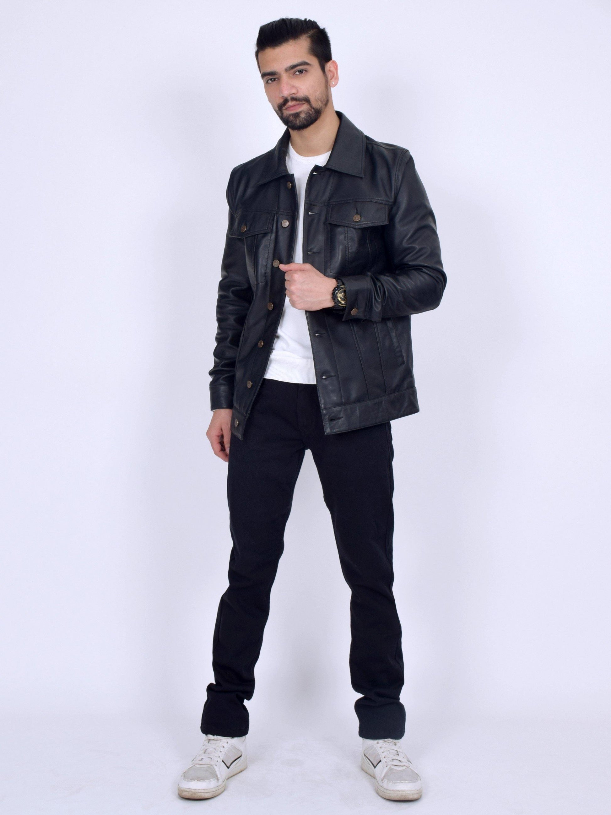 Black Long Trucker Leather Jacket - CASA OF K Official Online Store