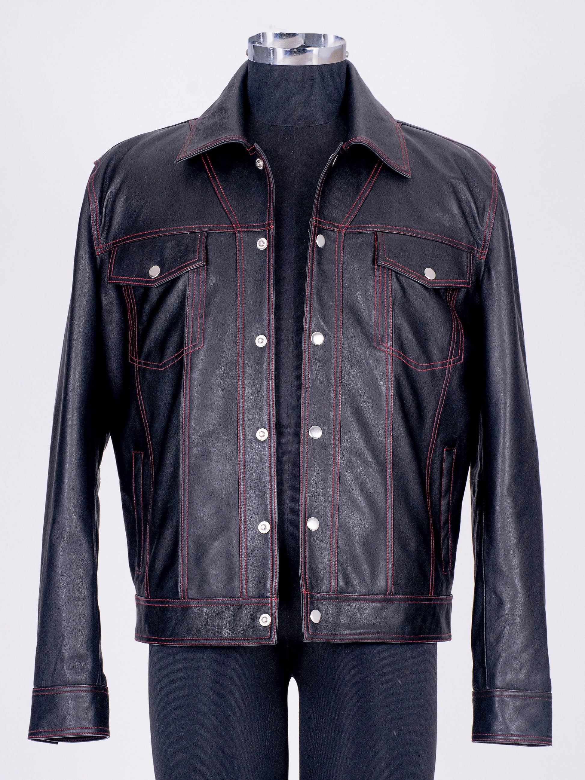 Black with Red Contrast Leather Trucker Jacket - CASA OF K Official Online Store