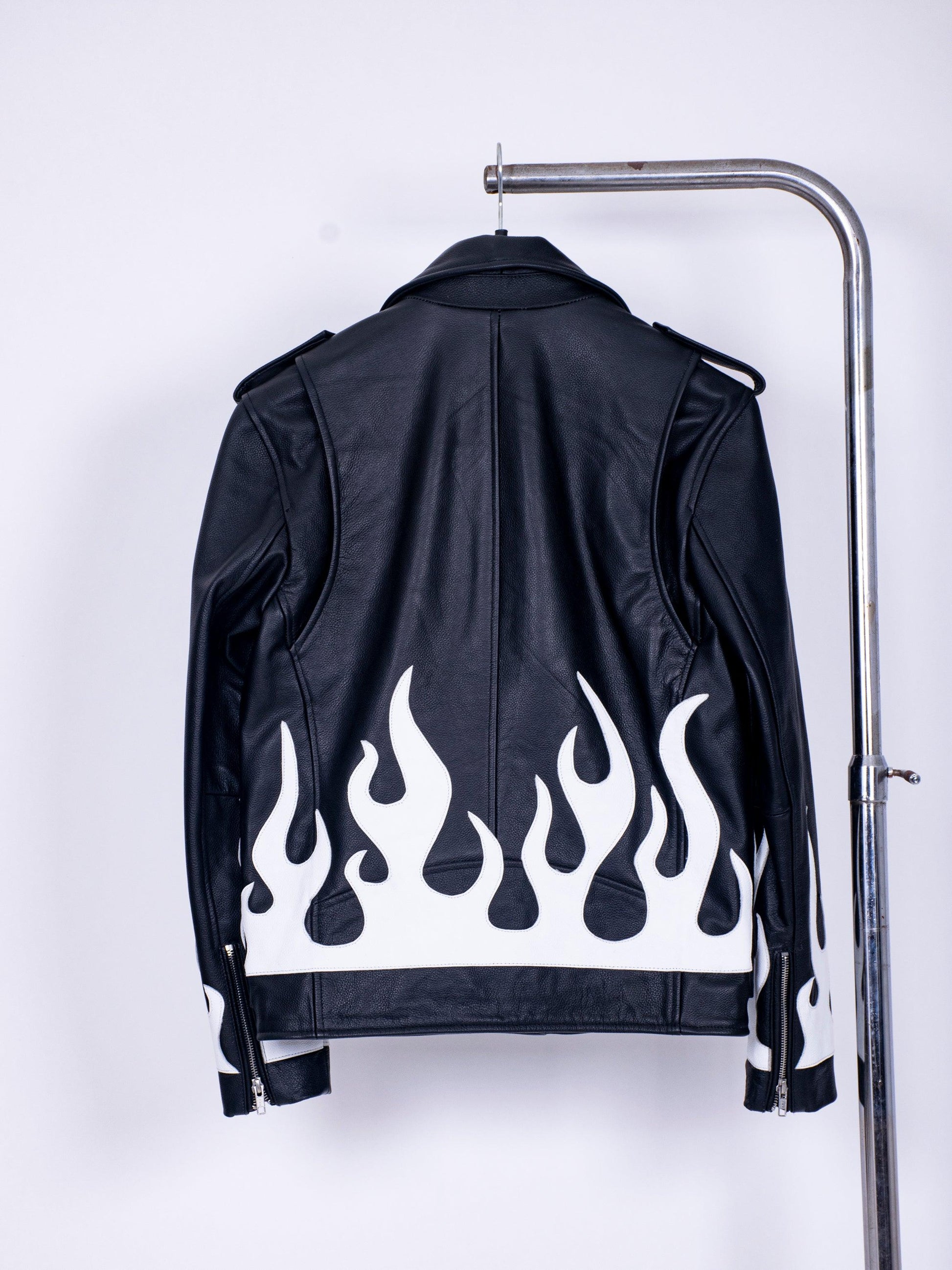 Meteor Black White Flames Leather Biker Jacket - CASA OF K Official Online Store