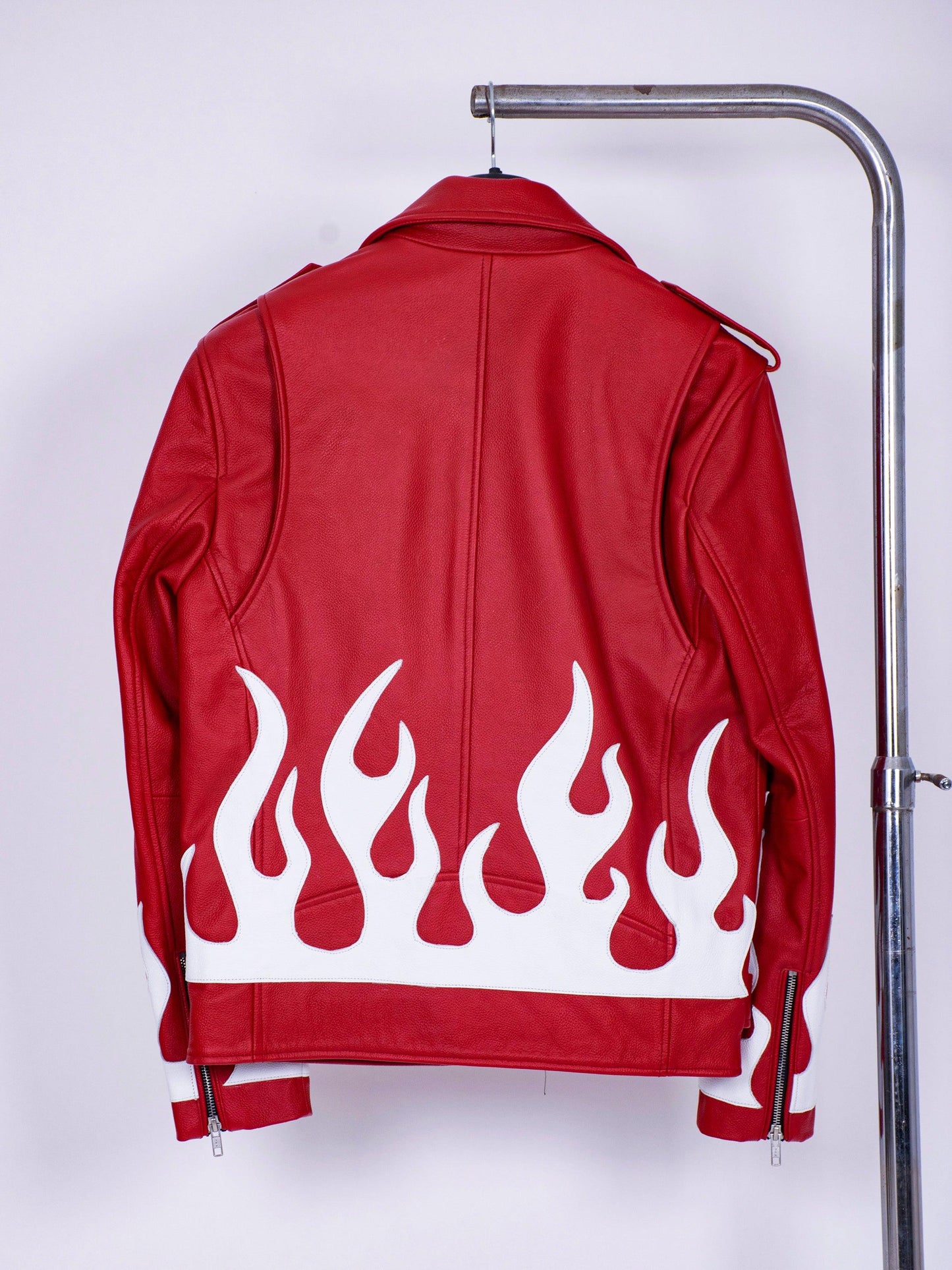 Meteor Red and White Flames Leather Biker Jacket - CASA OF K Official Online Store