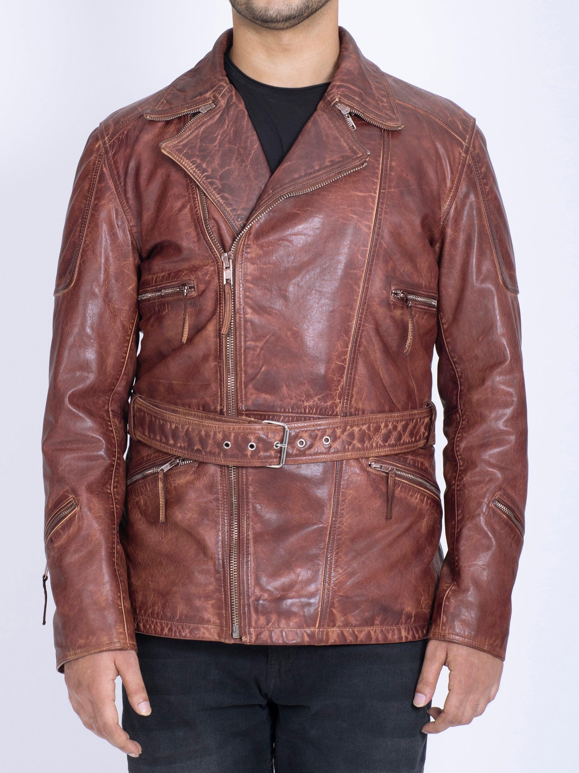Vintage Brown Distressed Look Cowhide belted Leather Coat - CASA OF K Official Online Store