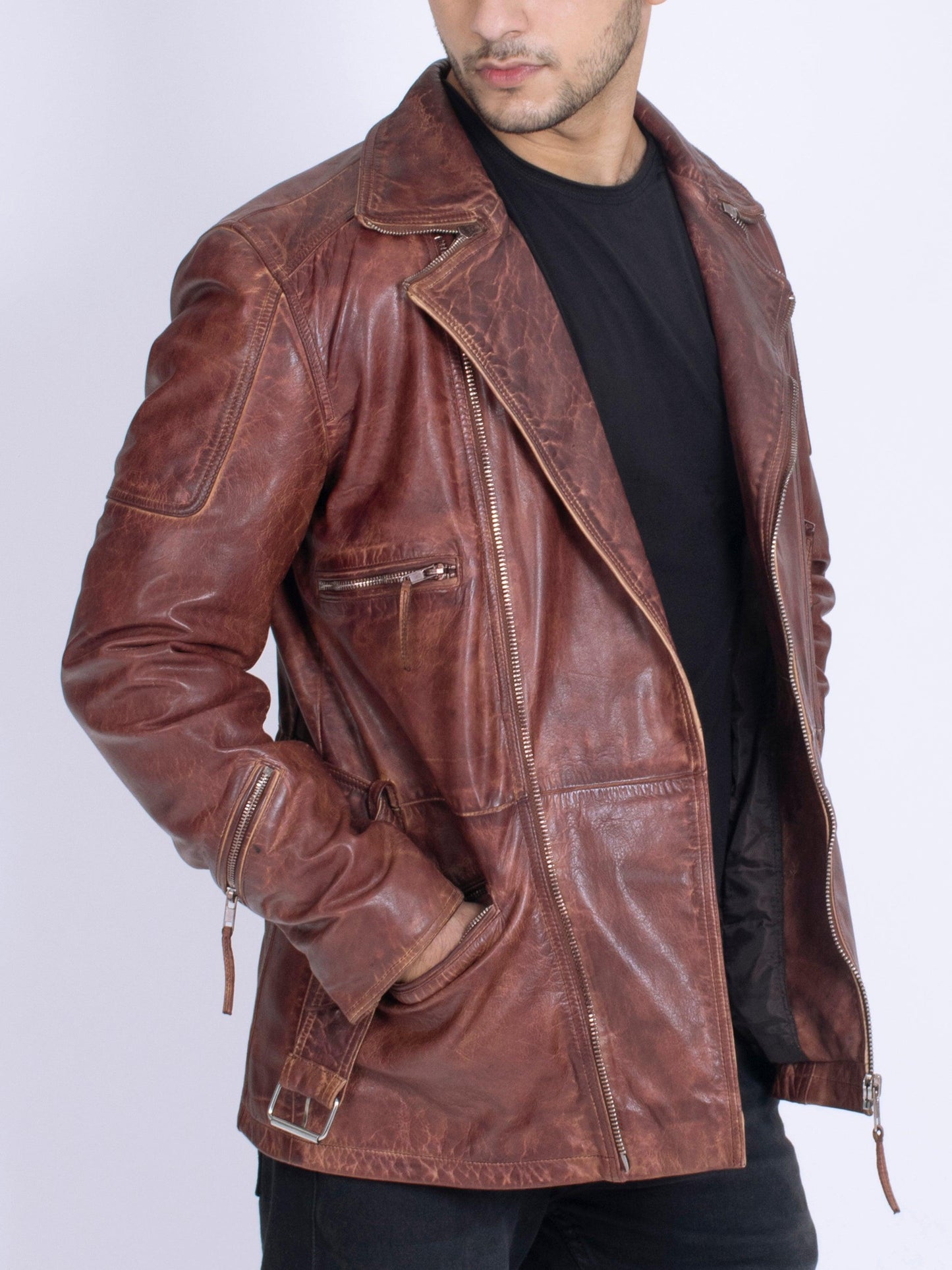 Vintage Brown Distressed Look Cowhide belted Leather Coat - CASA OF K Official Online Store