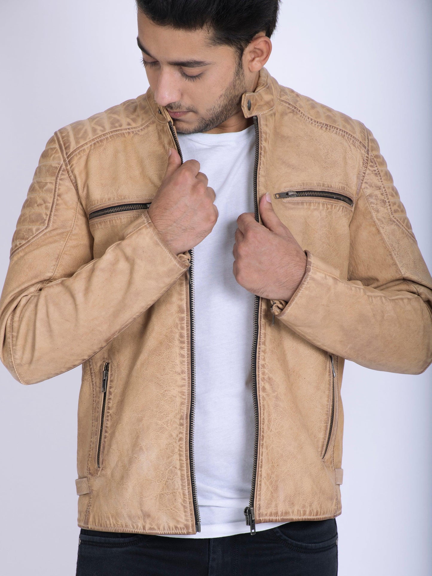 Ivory Cowhide Distressed Look Vintage Leather Jacket - CASA OF K Official Online Store