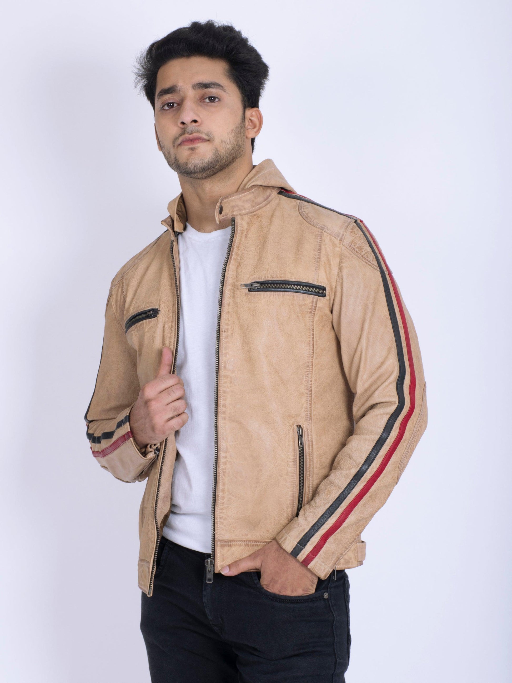 Contrast Cowhide Distressed Look Vintage Ivory Leather Jacket - CASA OF K Official Online Store