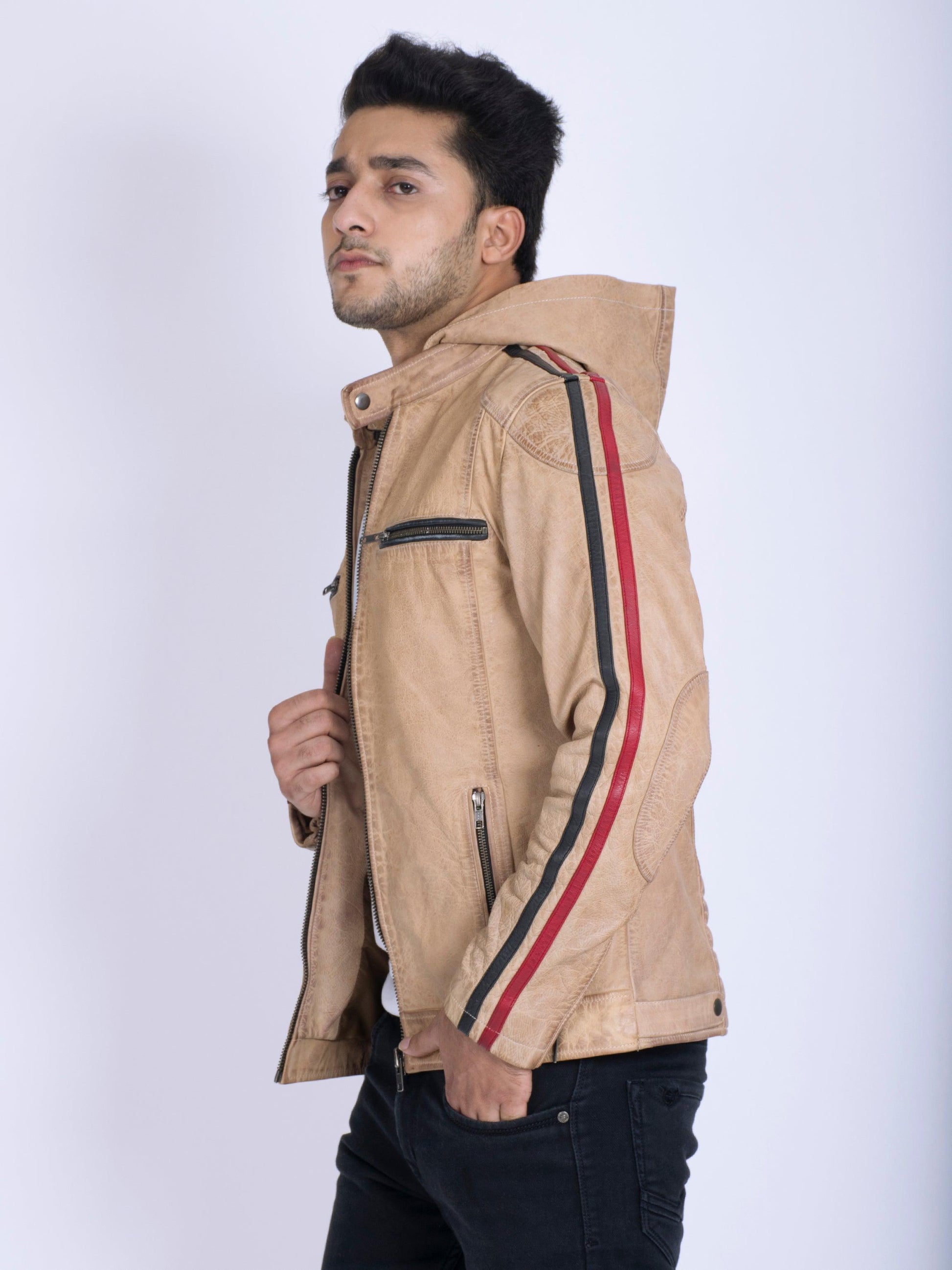 Contrast Cowhide Distressed Look Vintage Ivory Leather Jacket - CASA OF K Official Online Store